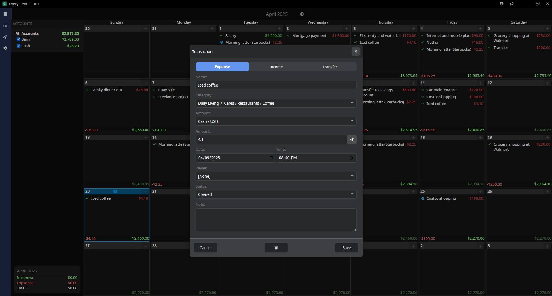 Every Cent - Calendar View